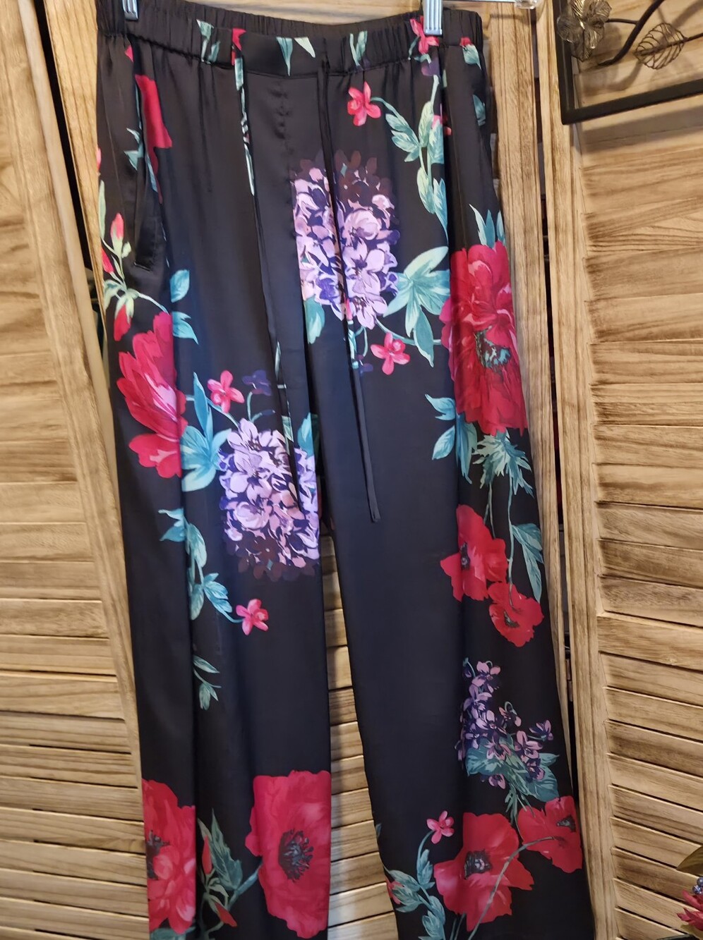 Soma S Black Floral Wide Leg Pants Pull On Style